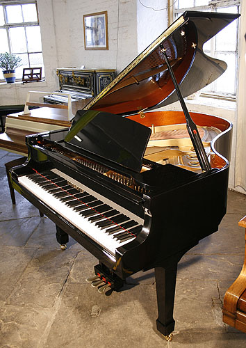Brand new, Steinhoven Model 170 grand piano with a black case and polyester finish. Piano has an eighty-eight note keyboard and a three-pedal piano lyre.