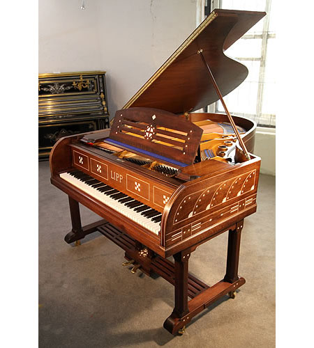 Arts and Crafts, Lipp Grand Piano For Sale with a Mahogany Case Inlaid with Geometric Designs. Case features ornate brass hinges