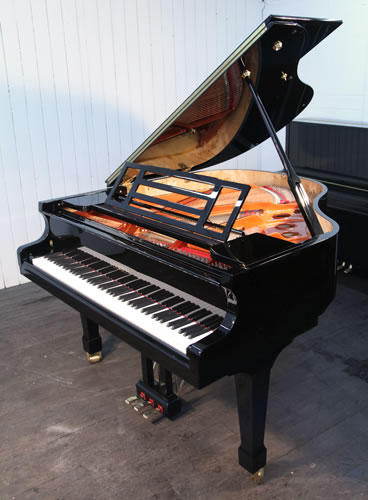 Brand new, Feurich Model 161 Professional grand piano with a black case and brass fittings. Piano has an eighty-eight note keyboard and a three-pedal piano lyre.