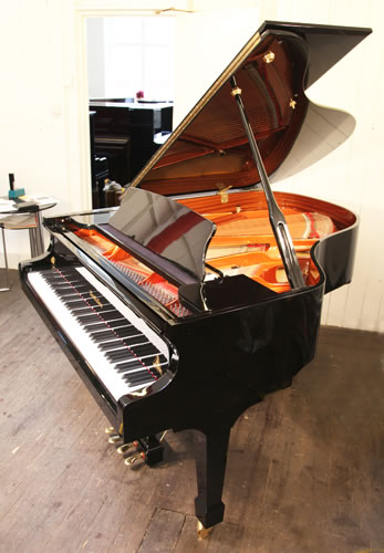 A Wendl and Lung Model 178 grand piano with a black case and polyester finish. Piano features a 4th harmonique pedal