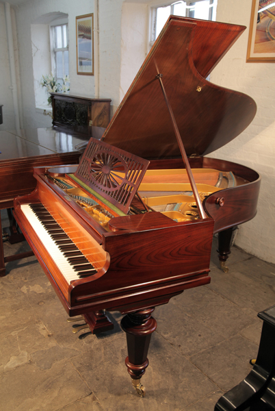 Restored, Bechstein Model A grand piano with a polished, rosewood case and turned legs. Piano has eighty-five notes and a two pedal lyre