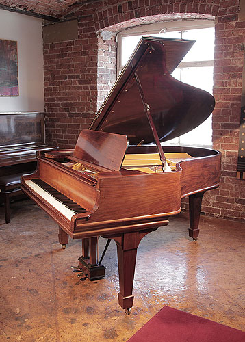 Restored, 1906, Steinway Model O grand piano for sale with a polished, mahogany case and spade legs. Piano has an eighty-eight note keyboard and a two-pedal lyre.   