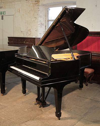 A 1926, Steinway Model O grand piano with a black case and spade legs. Piano has an eighty-eight note keyboard and a two-pedal lyre.   