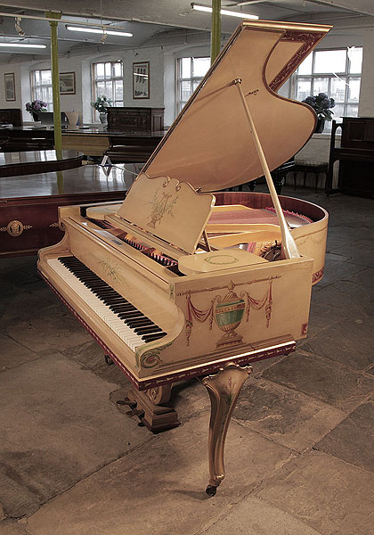 Hand-Painted, Beuloff baby grand piano with a cream case and cabriole legs. Entire cabinet hand-painted with Classical style motifs signed by Jade 85 Wigmore Street. Piano has an eighty-eight note keyboard and a two-pedal lyre