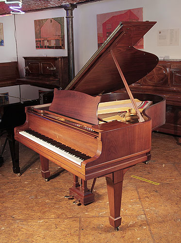 Rebuilt, 1925, Steinway Model O grand piano for sale with a polished, walnut case and spade legs. Piano has an eighty-eight note keyboard and a two-pedal lyre.   