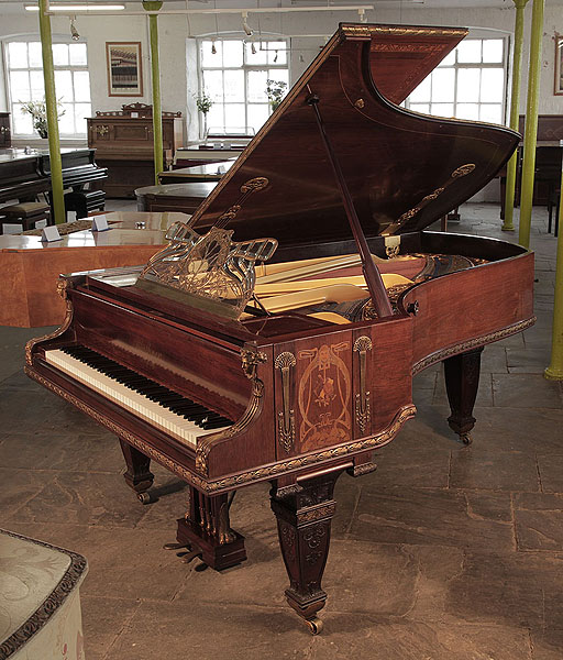 King Edward VII, 1899, Royal, Bluthner grand piano for sale with an Art Nouveau inlaid, rosewood case, glass, filigree music desk  and carved, baluster legs. Cabinet decorated with Empire style, gilt mounts. Piano bought by King Edward VII and Queen Alexandra in the Coronation year of 1902