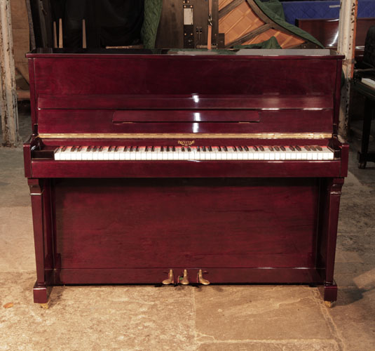 Reconditioned, Eavestaff upright piano for sale with a mahogany case and brass fittings. Piano has an eighty-eight note keyboard and and three pedals 