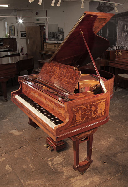 Restored, 1913, Lipp baby grand piano with a walnut case. Entire cabinet exquisitely   inlaid with cherubs, figures and neoclassical motifs