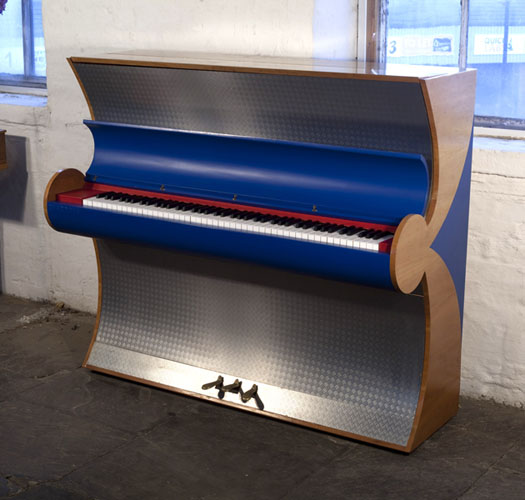 Art Deco style,  2000, Besbrode upright piano specially commissioned for the Frankfurt Fair 2000. Uniquely finished with Aluminium and Leather