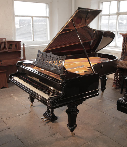  Restored, 1902, Bechstein  model V grand piano for sale with a black case, filigree music desk and turned, faceted legs.  Piano has an eighty-eight note keyboard and a two-pedal lyre. 