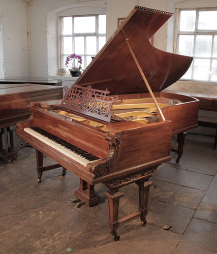 Reconditioned 1893, Bechstein Model D concert grand piano for sale with a stunning, dark-veined, walnut case and Neoclassical carvings