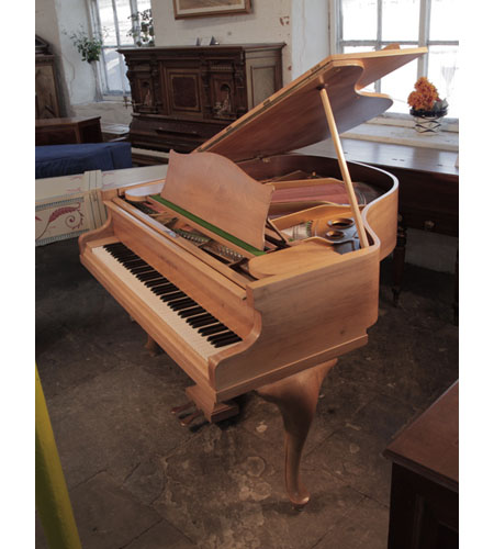 Restored, 1938, Bechstein Model S baby grand piano for sale with a bleached, walnut case and cabriole legs. Piano has an eighty-eight note keyboard and a two-pedal lyre.