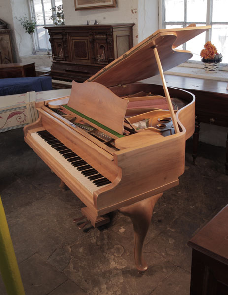 Restored,  1938, Bechstein model S baby grand piano for sale with a bleached, walnut case and cabriole legs.  Piano has an eighty-eight note keyboard and a two-pedal lyre. 