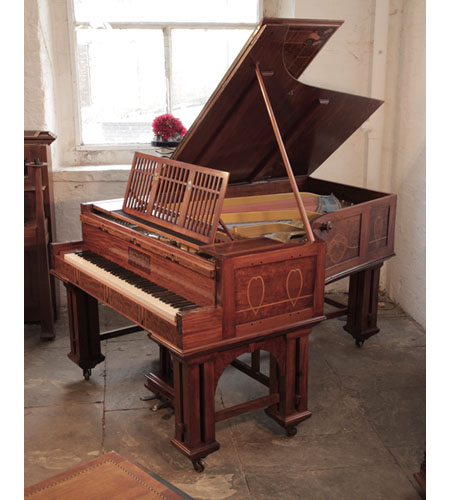 Secessionist Arts and Crafts, Bechstein Model VI grand piano with a mahogany case and copper mounts. Cabinet inlaid with hearts, bellflowers and celtic knotwork