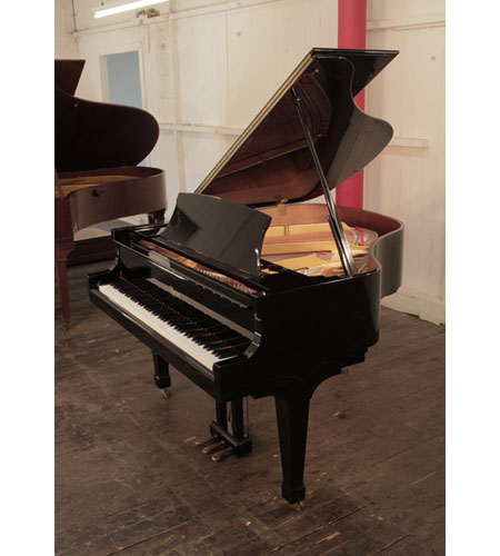 Reconditioned, 2006, Boston GP156 II baby grand piano with a black case and spade legs. Designed by Steinway. Piano has an eighty-eight note keyboard and a three-pedal lyre. 