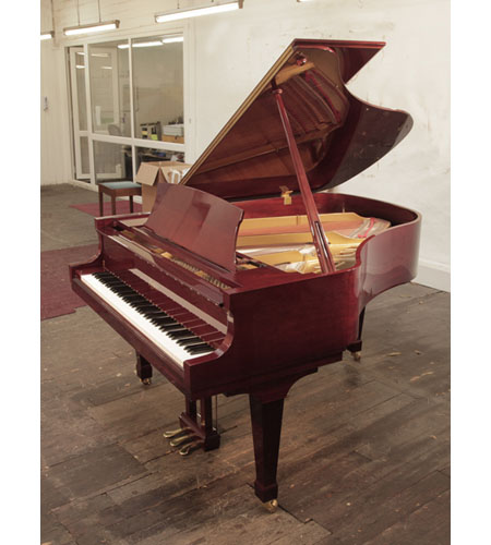 Reconditioned, 1998, Boston GP178 II grand piano for sale with a mahogany gloss case. Piano has an eighty-eight note keyboard and a three-pedal lyre. Designed by Steinway. 