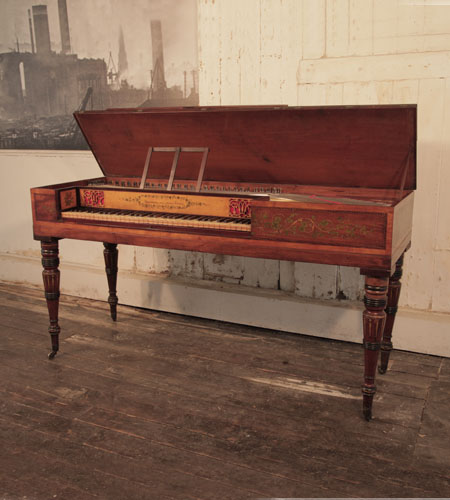 A 1780's Broadwood Square piano for sale with an inlaid mahogany case with openwork panels and turned legs. Entire cabinet hand-painted in Neoclassical motifs.  