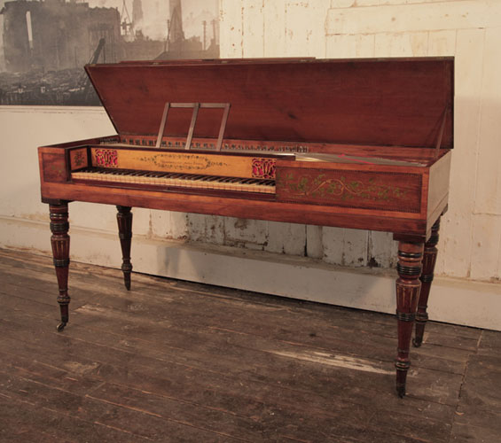 A 1780's Broadwood Square piano for sale with an inlaid mahogany case with openwork panels and turned legs. Entire cabinet hand-painted in Neoclassical motifs