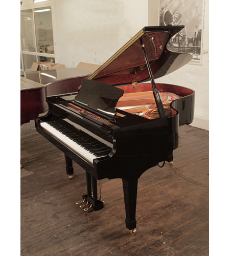 Reconditioned, 2015, Edelweiss G66 grand piano for sale with a black gloss case and fitted iQ Pianodisc player system . Piano has an eighty-eight note keyboard and a three-pedal lyre. 