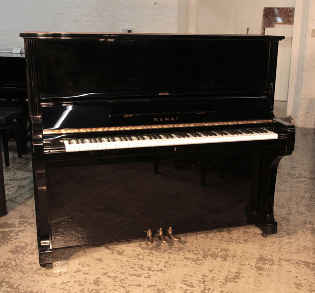 Reconditioned, 1972, Kawai  BL-61  upright piano for sale with a black gloss case. Piano has an eighty-eight note keyboard and three pedals.  
