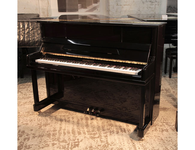 Reconditioned, Steinhoven upright piano for sale with a black gloss case