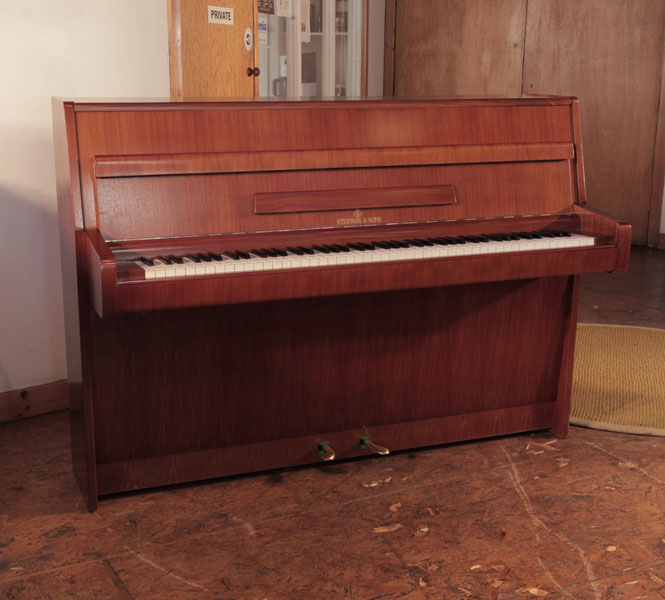 Reconditioned,  1968, Steinway Model F  upright piano for sale with a walnut case and brass fittings. Piano has an eighty-eight note keyboard and two pedals