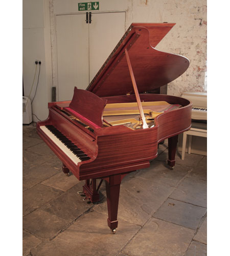 Reconditioned, 1927, Steinway Model O grand piano for sale with a figured, mahogany case and spade legs. Piano has an eighty-eight note keyboard and a two-pedal lyre.