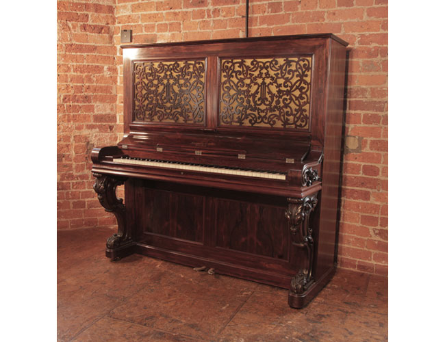 World's Oldest, 1862, Steinway upright piano for sale with a polished, rosewood case carved, reverse scroll legs